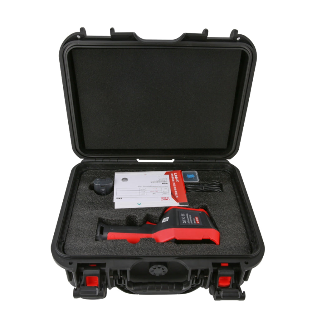 UNI-T UTI720E Enhanced Thermal Camera – 256×192, -20°C to 550°C, ≤50MK - shown inside an open black protective hard case with foam inserts, a manual, a power adapter, and a USB cable.