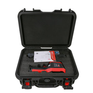 UNI-T UTI720E Enhanced Thermal Camera – 256×192, -20°C to 550°C, ≤50MK - shown inside an open black protective hard case with foam inserts, a manual, a power adapter, and a USB cable.
