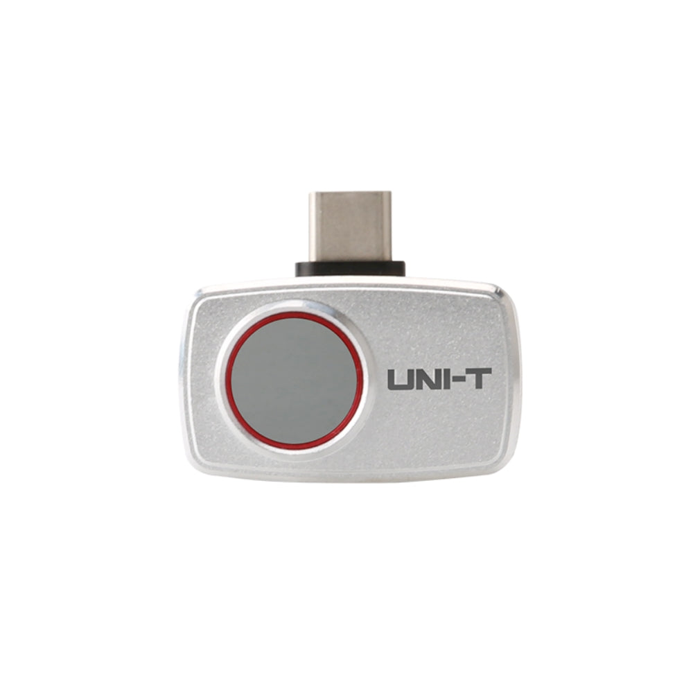 UNI-T UTI720M Smartphone Thermal Camera Module for Android - a silver, rectangular device with a circular lens and a USB-C connector on top.