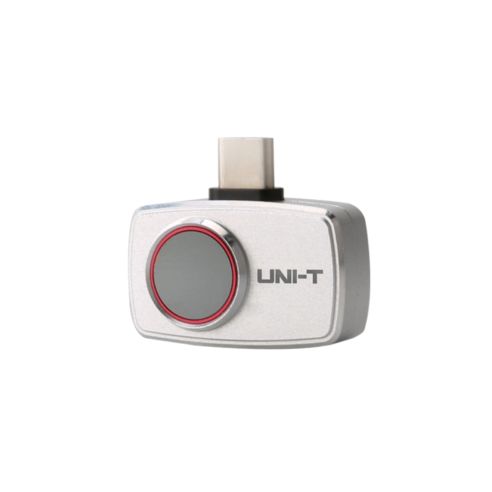UNI-T UTI720M Smartphone Thermal Camera Module for Android - a silver, rectangular device with a circular lens and a USB-C connector on top.
