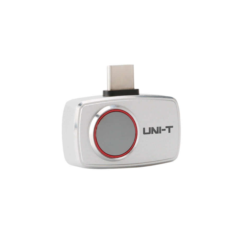 UNI-T UTI720M Smartphone Thermal Camera Module for Android - a silver, rectangular device with a circular lens and a USB-C connector on top.