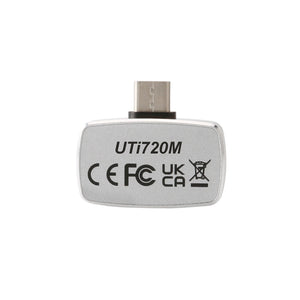 UNI-T UTI720M Smartphone Thermal Camera Module for Android - a silver, rectangular device with a USB-C connector, showing the model name and regulatory markings.