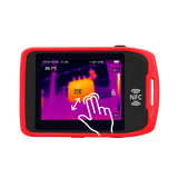 UNI-T UTI720T Portable Thermal Camera – 256×192, -20°C to 550°C, ≤50MK - a red-cased device with a digital display featuring a thermal heat map, temperature data, and NFC icon.