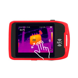 UNI-T UTI720T Portable Thermal Camera – 256×192, -20°C to 550°C, ≤50MK - a red-cased device with a digital display featuring a thermal heat map, temperature data, and NFC icon.