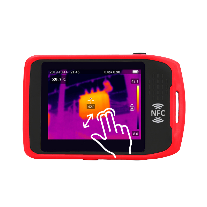 UNI-T UTI720T Portable Thermal Camera – 256×192, -20°C to 550°C, ≤50MK - a red-cased device with a digital display featuring a thermal heat map, temperature data, and NFC icon.