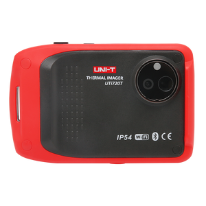 UNI-T UTI720T Portable Thermal Camera – 256×192, -20°C to 550°C, ≤50MK - the red and black rectangular device with a lens, IP54 rating, Wi-Fi, and Bluetooth logos on the back.