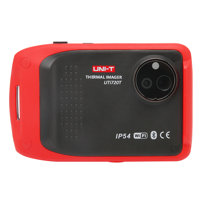 UNI-T UTI720T Portable Thermal Camera – 256×192, -20°C to 550°C, ≤50MK - the red and black rectangular device with a lens, IP54 rating, Wi-Fi, and Bluetooth logos on the back.