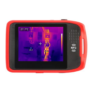 UNI-T UTI720T Portable Thermal Camera – 256×192, -20°C to 550°C, ≤50MK - with a red frame, showing a screen displaying a thermal image of electrical components with temperature markers.