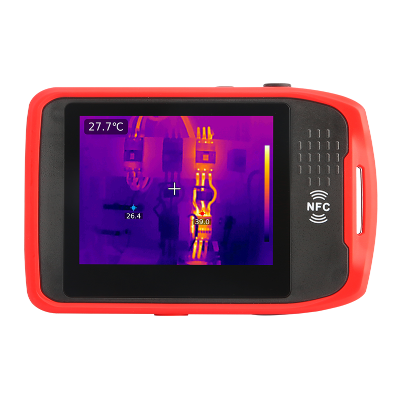 UNI-T UTI720T Portable Thermal Camera – 256×192, -20°C to 550°C, ≤50MK - with a red frame, showing a screen displaying a thermal image of electrical components with temperature markers.