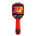 UNI-T UTI720V Enhanced Thermal Camera – 256×192, -40°C~550°C, ≤50MK - a red handheld device with a screen showing a thermal image of machinery, navigation buttons, and a bottom port.