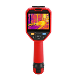 UNI-T UTI720V Enhanced Thermal Camera – 256×192, -40°C~550°C, ≤50MK - a red handheld device with a screen showing a thermal image of machinery, navigation buttons, and a bottom port.