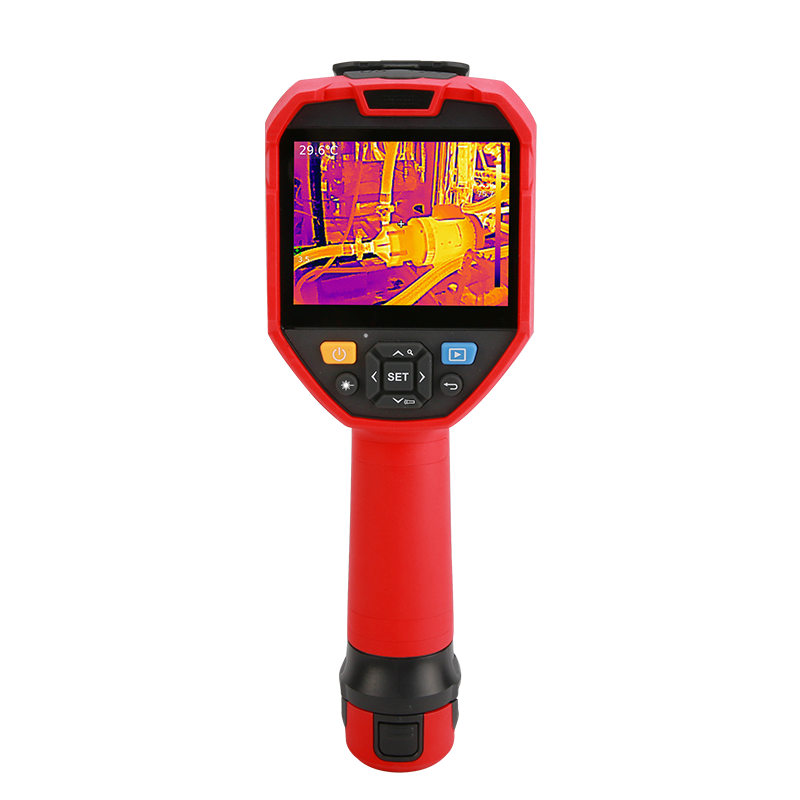 UNI-T UTI720V Enhanced Thermal Camera – 256×192, -40°C~550°C, ≤50MK - a red handheld device with a screen showing a thermal image of machinery, navigation buttons, and a bottom port.