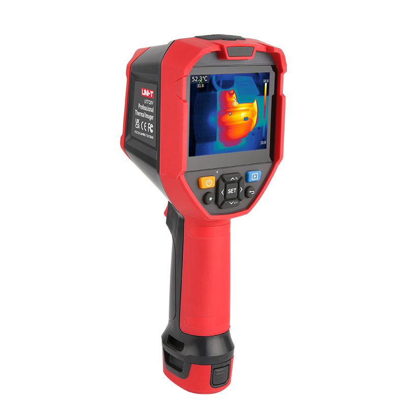 UNI-T UTI720V Enhanced Thermal Camera – 256×192, -40°C~550°C, ≤50MK - a red and black handheld device with a screen displaying a thermal image, navigation buttons, and a grip handle.
