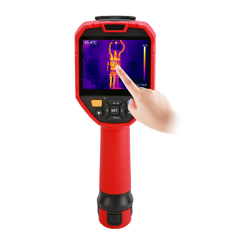UNI-T UTI720V Enhanced Thermal Camera – 256×192, -40°C~550°C, ≤50MK - a red handheld device with a screen showing a heat map, being operated by a hand pressing the display.