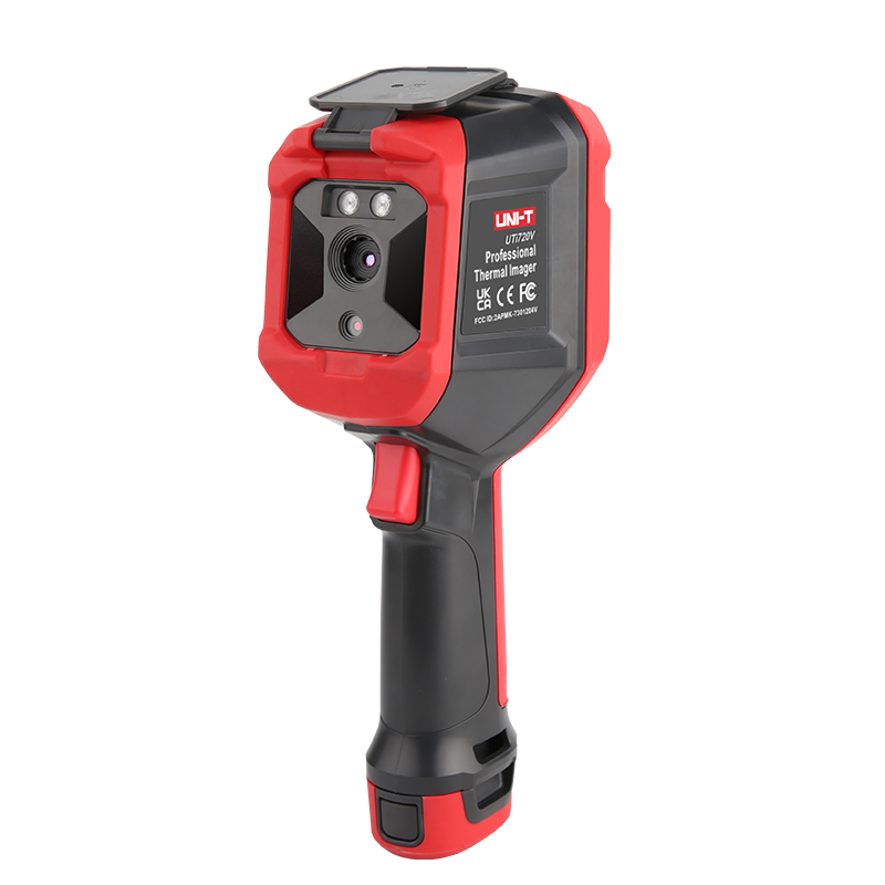 UNI-T UTI720V Enhanced Thermal Camera – 256×192, -40°C~550°C, ≤50MK - a red and black handheld device with a front-facing lens, LED lights, and a trigger button on the handle.