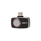 UNI-T UTI721M Smartphone Thermal Camera Module for Android - a black rectangular device with a circular lens and a USB-C connector on top, shown against a white background.