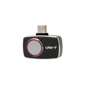 UNI-T UTI721M Smartphone Thermal Camera Module for Android - a black rectangular device with a circular lens and a USB-C connector on top, shown against a white background.