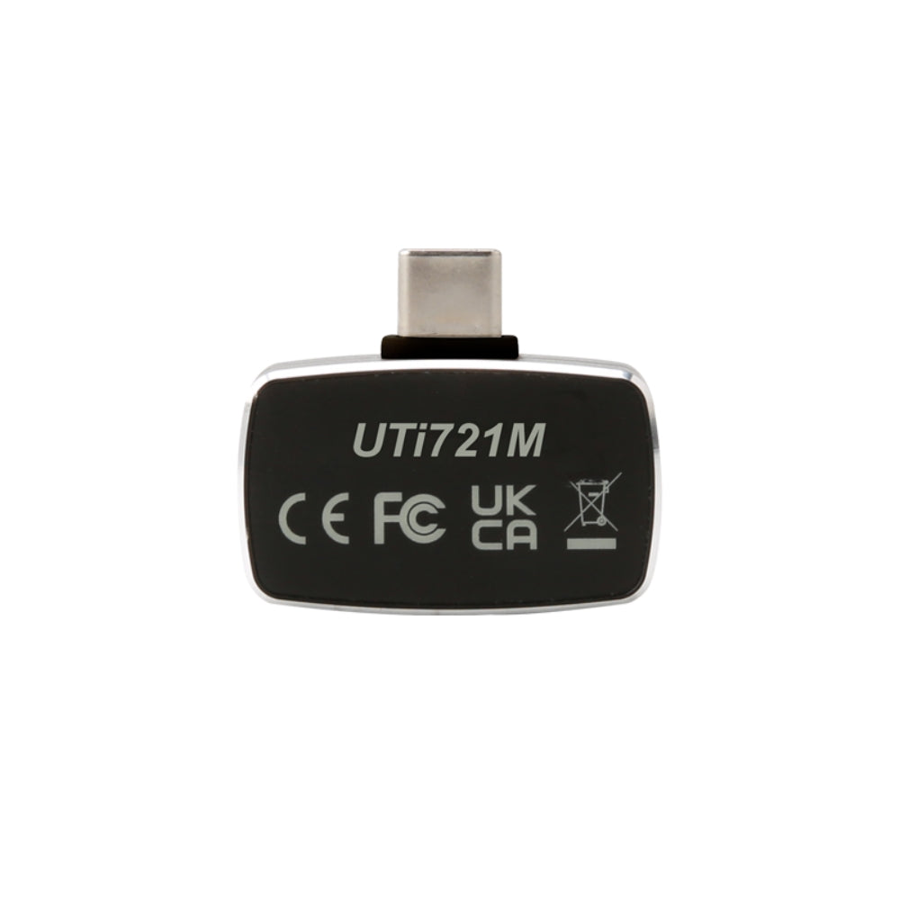 UNI-T UTI721M Smartphone Thermal Camera Module for Android - a close-up of the black rectangular unit with a USB-C connector and regulatory markings.