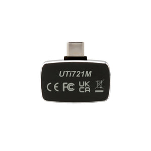 UNI-T UTI721M Smartphone Thermal Camera Module for Android - a close-up of the black rectangular unit with a USB-C connector and regulatory markings.