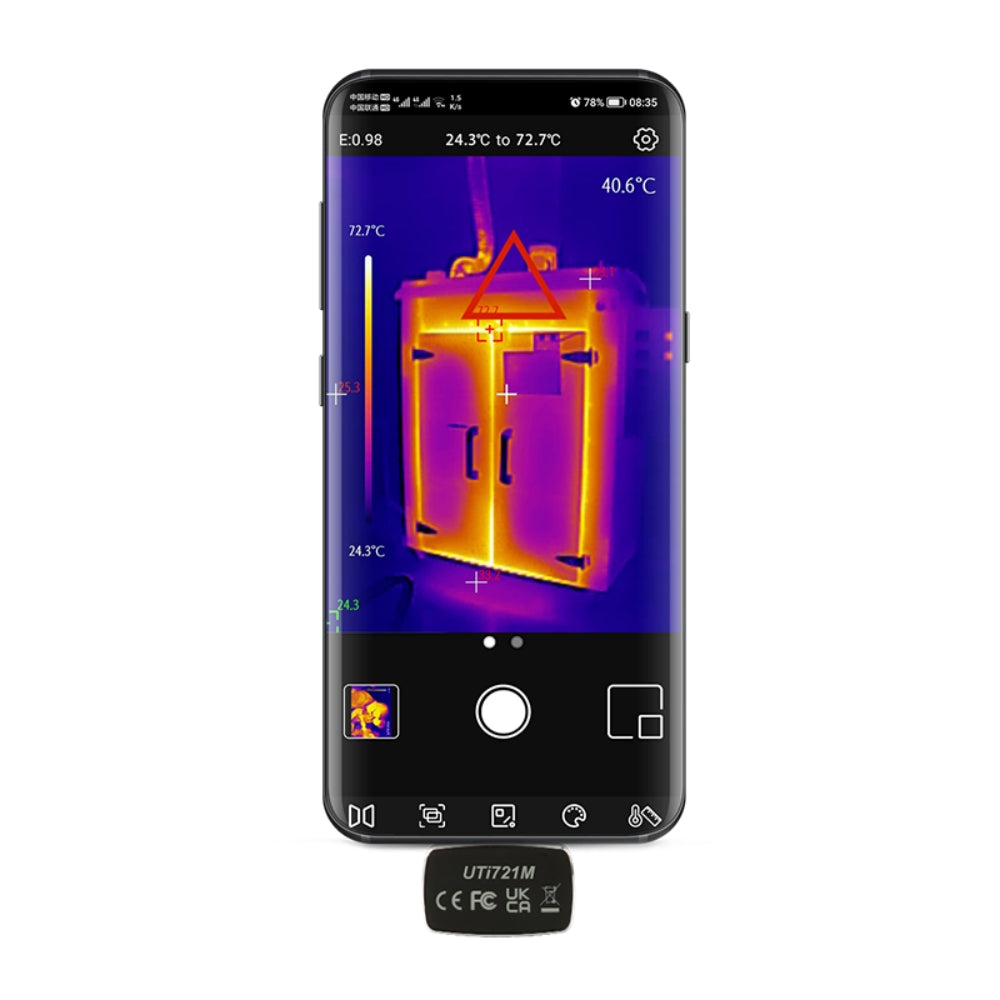 UNI-T UTI721M Smartphone Thermal Camera Module for Android - attached to a phone displaying a thermal image of an electrical cabinet with a red warning triangle.