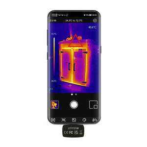 UNI-T UTI721M Smartphone Thermal Camera Module for Android - attached to a phone displaying a thermal image of an electrical cabinet with a red warning triangle.