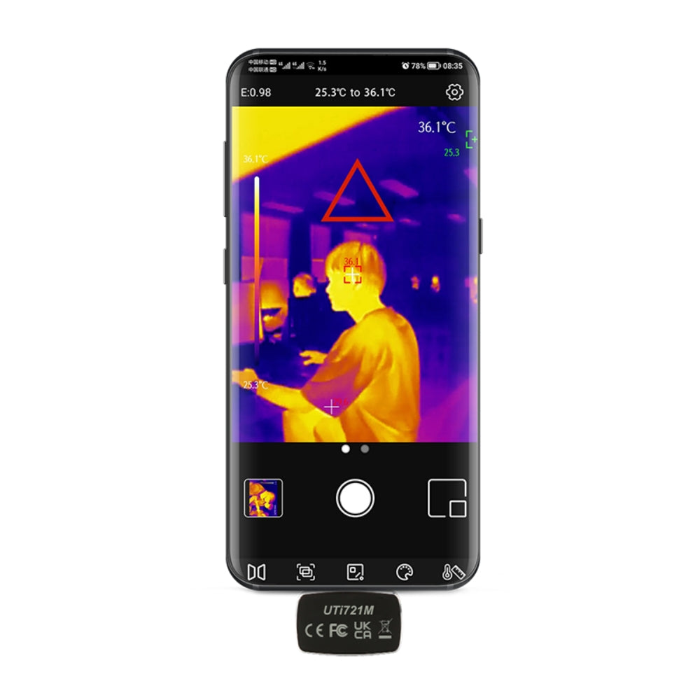 UNI-T UTI721M Smartphone Thermal Camera Module for Android - attached to a smartphone displaying a thermal image of a person with a 36.1°C temperature reading.