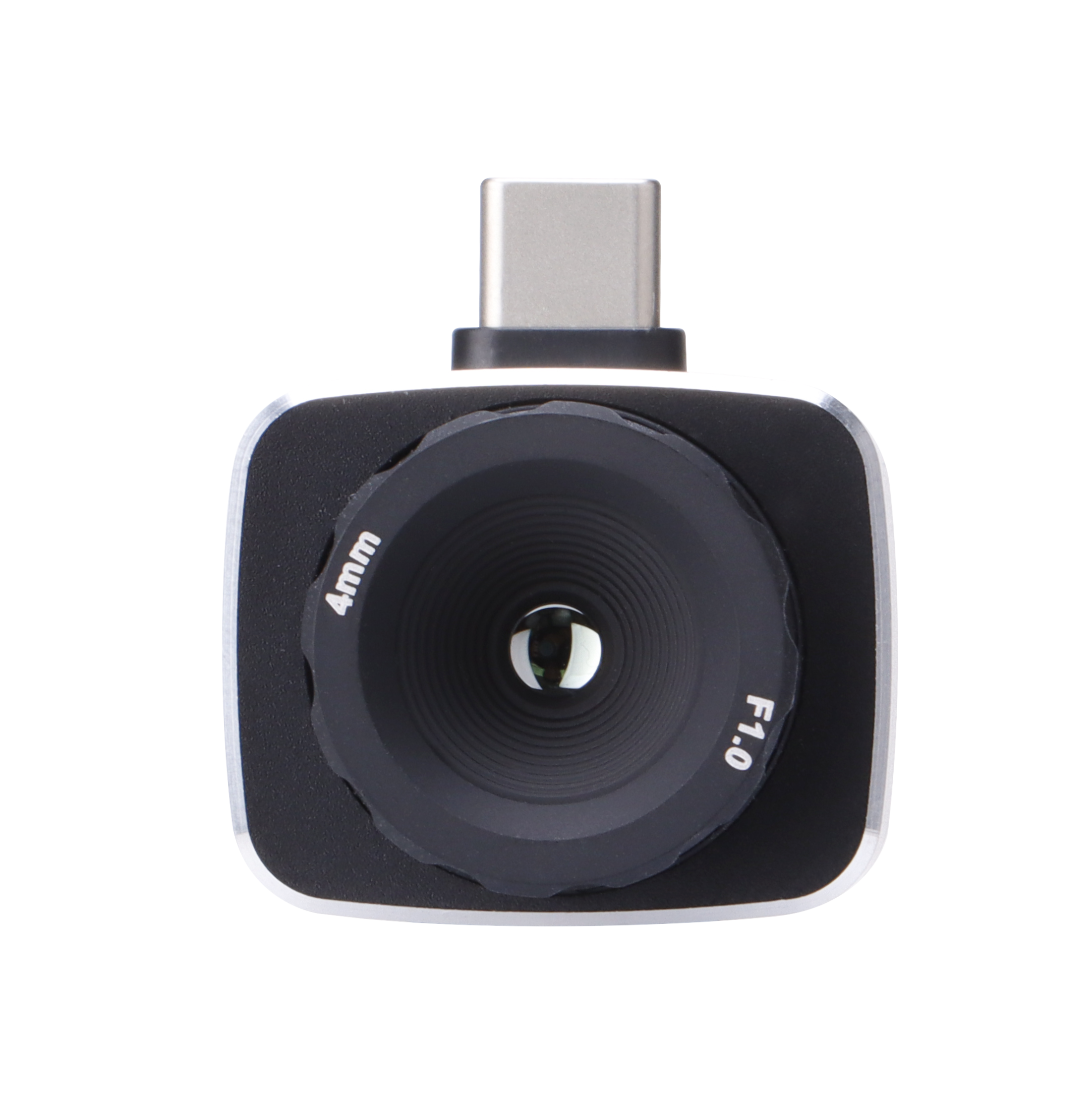 UNI-T UTI722M Smartphone Thermal Camera Module for Android - a front-facing close-up of the black camera lens with 4mm and F1.0 markings.