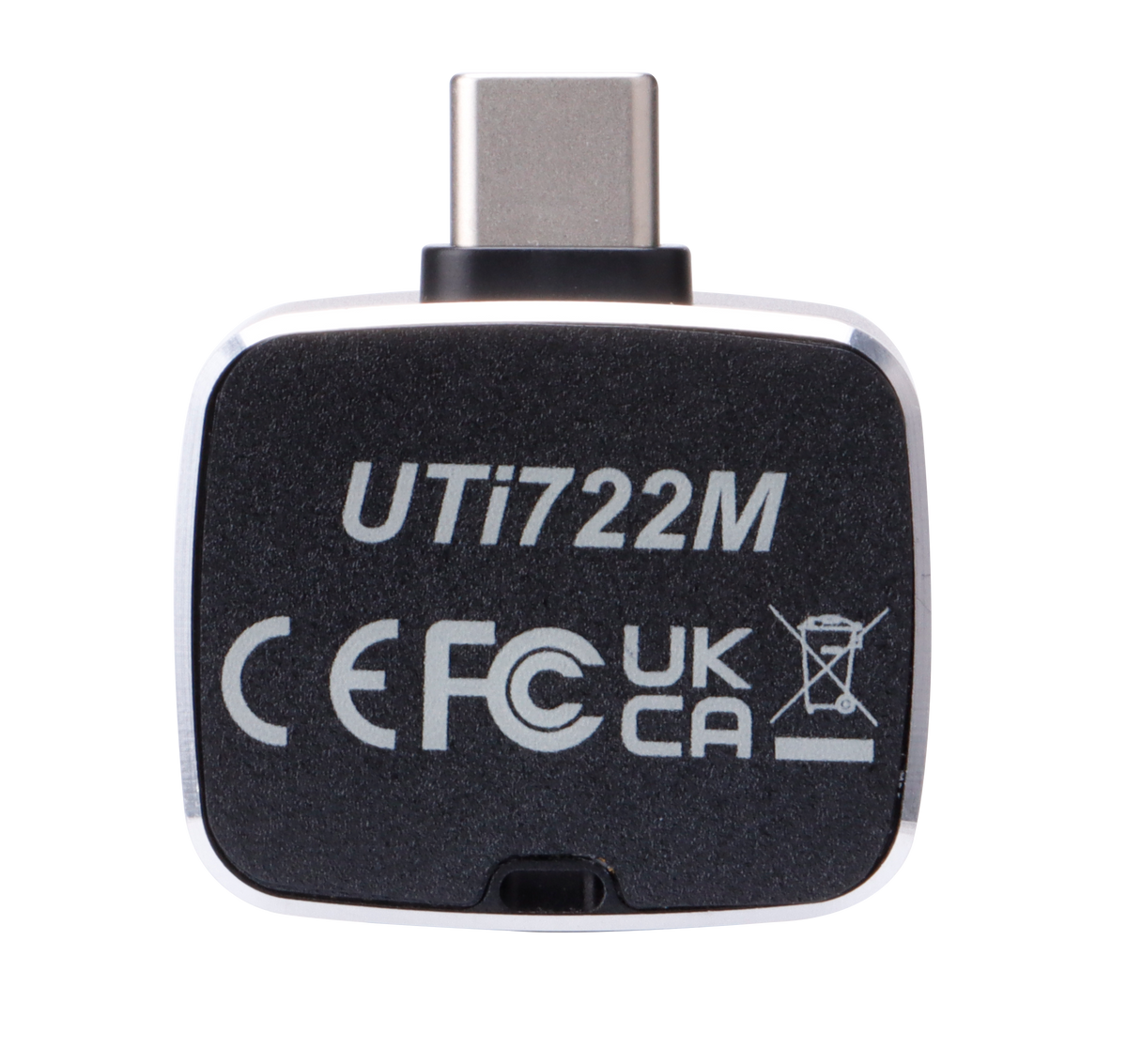 UNI-T UTI722M Smartphone Thermal Camera Module for Android - a black, square-shaped device with a top USB-C connector and regulatory markings printed on the front.