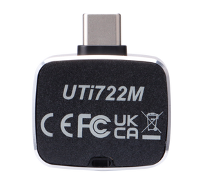 UNI-T UTI722M Smartphone Thermal Camera Module for Android - a black, square-shaped device with a top USB-C connector and regulatory markings printed on the front.
