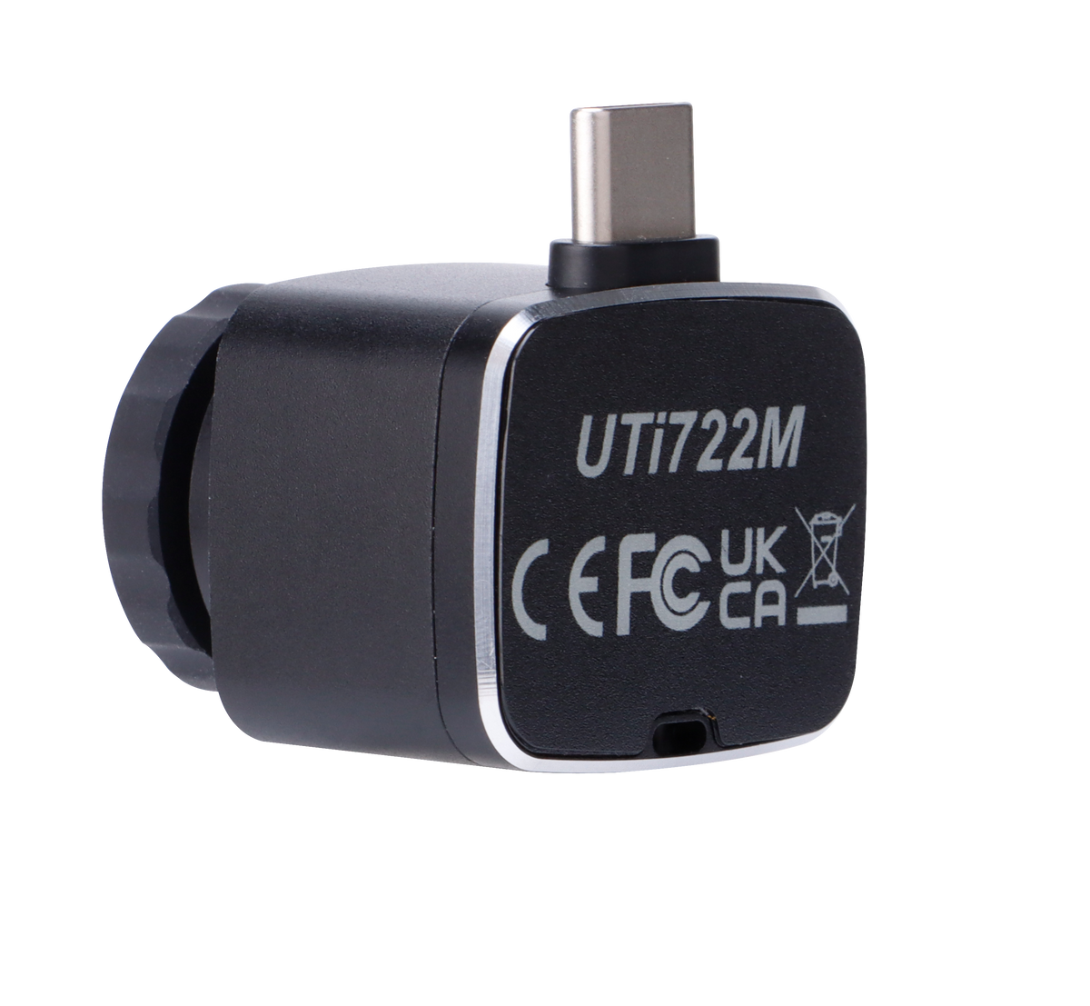 UNI-T UTI722M Smartphone Thermal Camera Module for Android - shown as a black, compact unit with a USB-C connector and regulatory markings on the side.