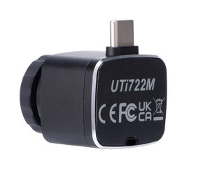 UNI-T UTI722M Smartphone Thermal Camera Module for Android - shown as a black, compact unit with a USB-C connector and regulatory markings on the side.
