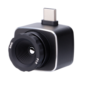 UNI-T UTI722M Smartphone Thermal Camera Module for Android - a black, compact square device with a 4mm F1.0 lens and a top-mounted USB-C connector.