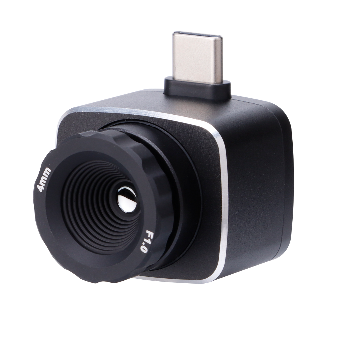 UNI-T UTI722M Smartphone Thermal Camera Module for Android - a black, compact square device with a 4mm F1.0 lens and a top-mounted USB-C connector.