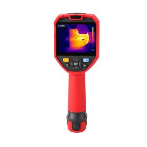 UNI-T UTI730E 320 Enhanced Series Thermal Imager – 320×240, -40 °C (-40 °F) to 400 °C (752 °F) - a red handheld device with a screen showing a heat map, control buttons, and a bottom battery compartment.