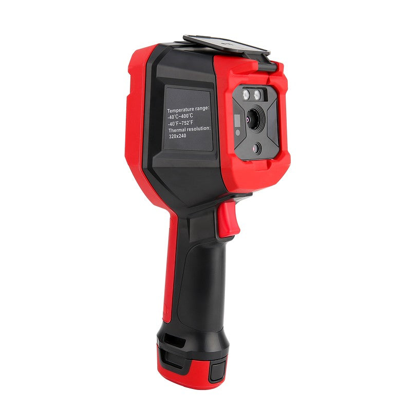 UNI-T UTI730E 320 Enhanced Series Thermal Imager – 320×240, -40 °C (-40 °F) to 400 °C (752 °F) - in red and black, showing the front lens, LED lights, and a side label with temperature and resolution specifications.