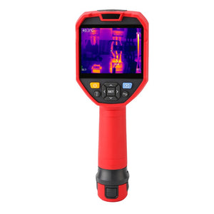 UNI-T UTI730E 320 Enhanced Series Thermal Imager – 320×240, -40 °C (-40 °F) to 400 °C (752 °F) - a handheld device with a screen displaying a thermal heat map, navigation buttons, and a bottom battery base.