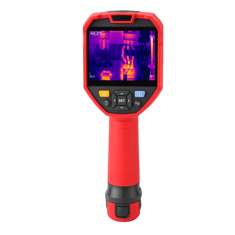 UNI-T UTI730E 320 Enhanced Series Thermal Imager – 320×240, -40 °C (-40 °F) to 400 °C (752 °F) - a handheld device with a screen displaying a thermal heat map, navigation buttons, and a bottom battery base.