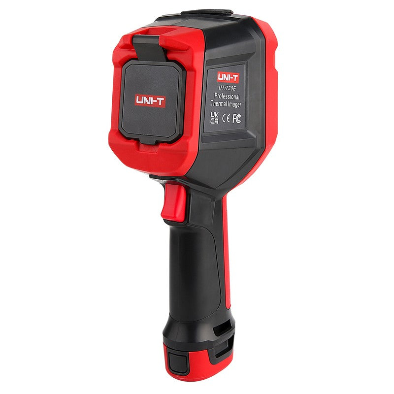 UNI-T UTI730E 320 Enhanced Series Thermal Imager – 320×240, -40 °C (-40 °F) to 400 °C (752 °F) - a red and black handheld device with a protective lens cover, a side trigger, and branding on the side.