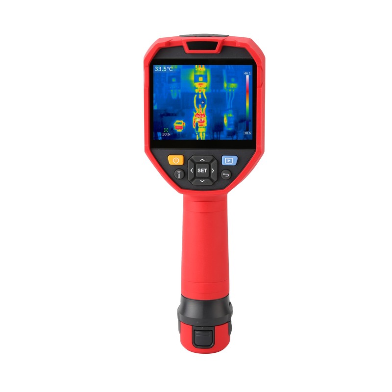 UNI-T UTI730E 320 Enhanced Series Thermal Imager – 320×240, -40 °C (-40 °F) to 400 °C (752 °F) - a handheld grip, a central control panel with a SET button, and a screen displaying a thermal heat map.