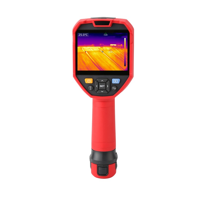 UNI-T UTI730E 320 Enhanced Series Thermal Imager – 320×240, -40 °C (-40 °F) to 400 °C (752 °F) - a screen showing a heat map, a central control panel with navigation buttons, and a bottom handle.