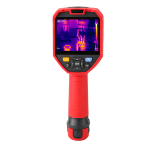 UNI-T UTI730E 320 Enhanced Series Thermal Imager – 320×240, -40 °C (-40 °F) to 400 °C (752 °F) - a screen displaying a thermal heat map, navigation buttons, and a handle, isolated on a white background.