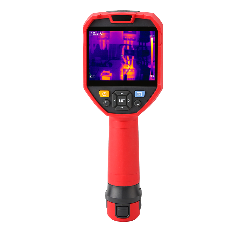 UNI-T UTI730E 320 Enhanced Series Thermal Imager – 320×240, -40 °C (-40 °F) to 400 °C (752 °F) - a screen displaying a thermal heat map, navigation buttons, and a handle, isolated on a white background.