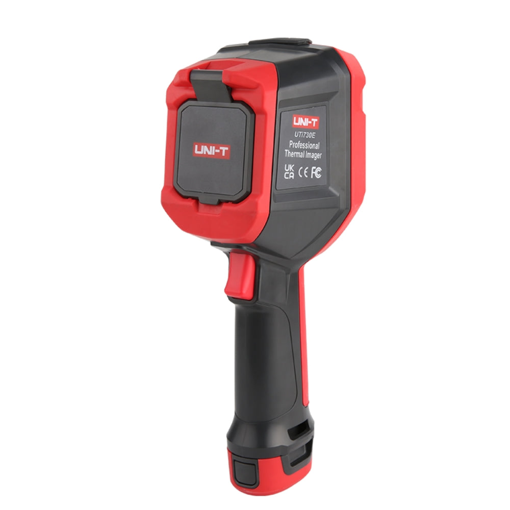 UNI-T UTI730E 320 Enhanced Series Thermal Imager – 320×240, -40 °C (-40 °F) to 400 °C (752 °F) - a red and black handheld device with a lens cover, a trigger button, and a label showing the model name and certifications.