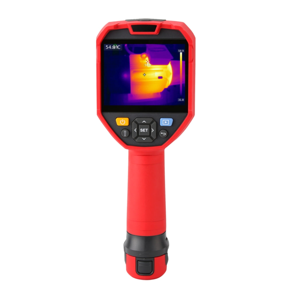 UNI-T UTI730E 320 Enhanced Series Thermal Imager – 320×240, -40 °C (-40 °F) to 400 °C (752 °F) - with a red handheld body, a screen displaying a thermal heat map, and a central keypad with directional and set buttons.