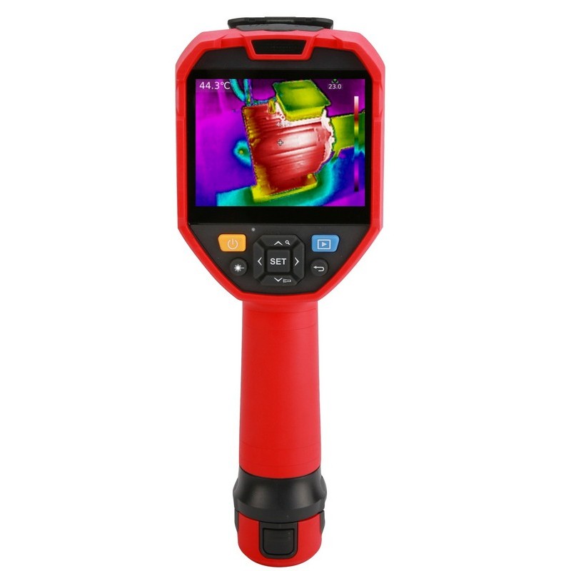 UNI-T UTI730V 320 Enhanced Series Video Thermal Imager - a red handheld device with a screen showing a thermal scan and front-facing control buttons.