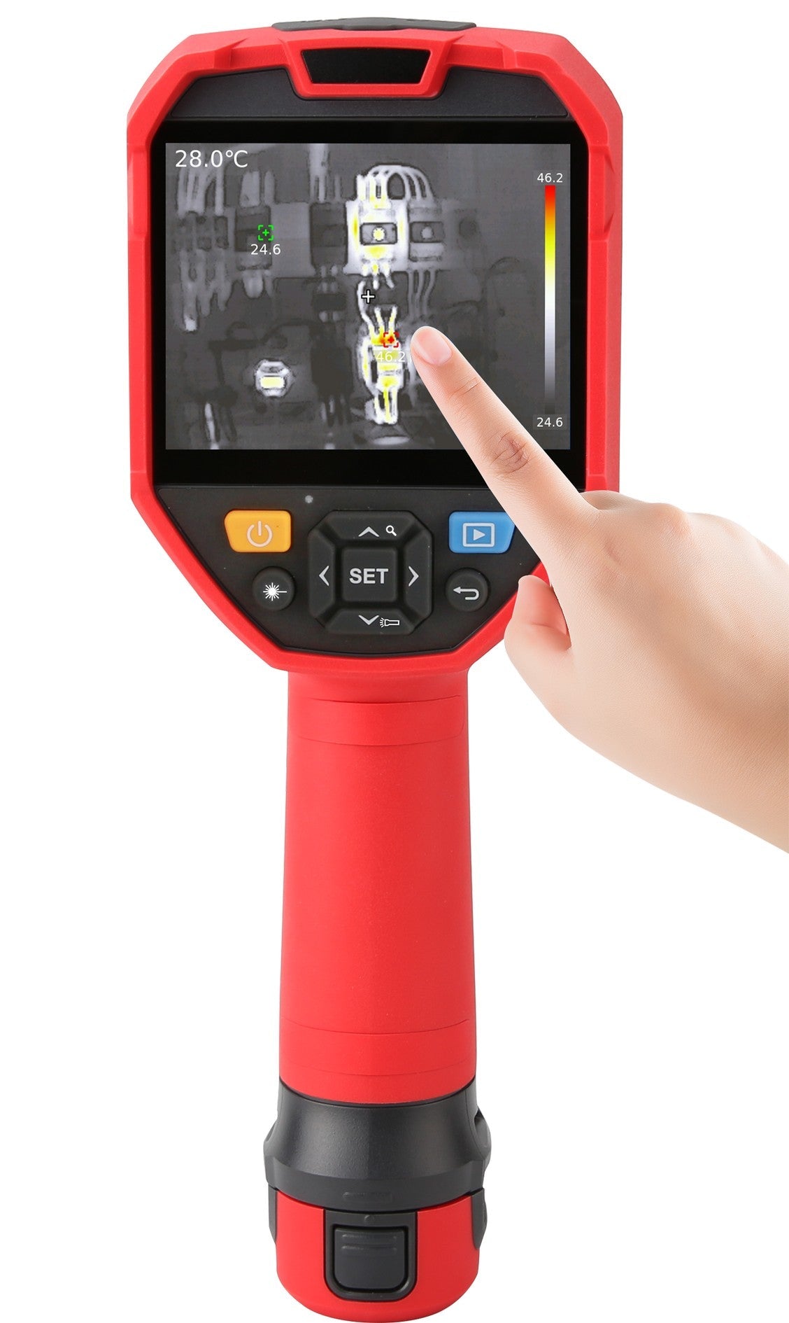 UNI-T UTI730V 320 Enhanced Series Video Thermal Imager - a red handheld device with a display showing a heat map, control buttons, and a finger touching it.