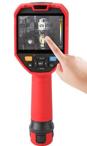 UNI-T UTI730V 320 Enhanced Series Video Thermal Imager - a red handheld device with a display showing a heat map, control buttons, and a finger touching it.
