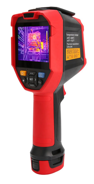 UNI-T UTI730V 320 Enhanced Series Video Thermal Imager - a digital display with a thermal image, buttons, and side text specs.