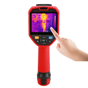 UNI-T UTI730V 320 Enhanced Series Video Thermal Imager - a hand touching the screen displaying a thermal heat map of electrical components.