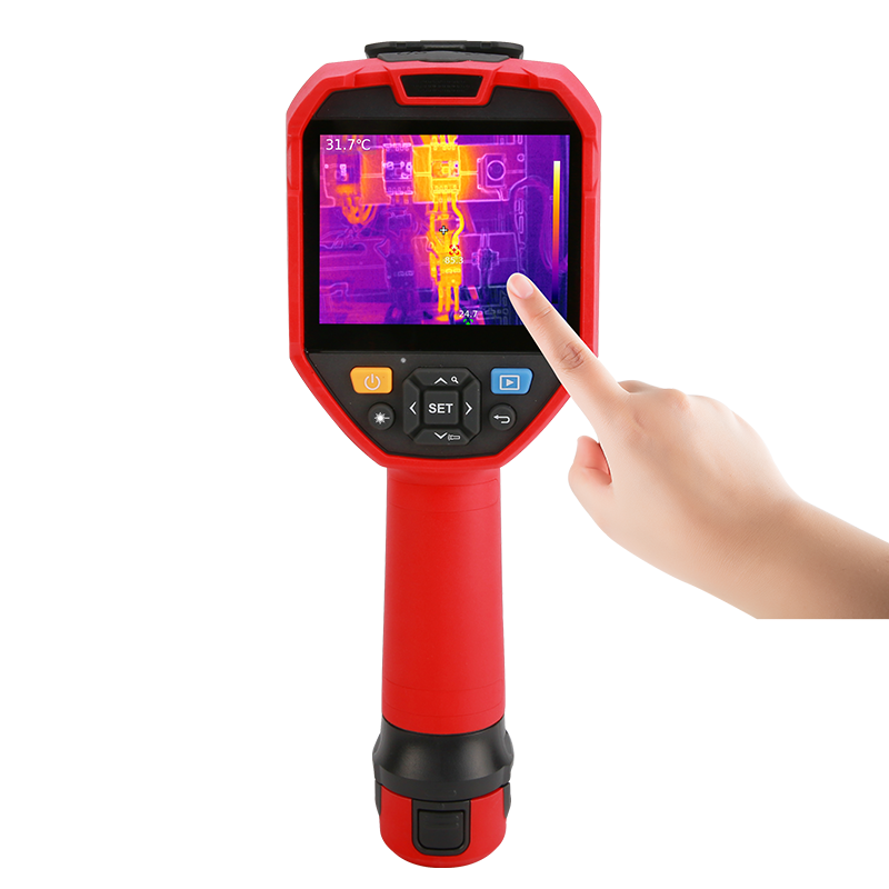 UNI-T UTI730V 320 Enhanced Series Video Thermal Imager - a hand touching the screen displaying a thermal heat map of electrical components.